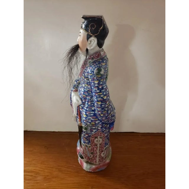 Chinese Early 20th Century Chinese Famille Rose Porcelain Lu Dongbin Statue With Horse Hair Facial for Hair For Sale - Image 3 of 10