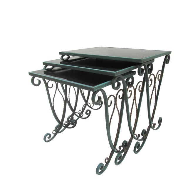 French Black Glass Nesting Tables in Wrought Iron, 1940s, Set of 3 For Sale