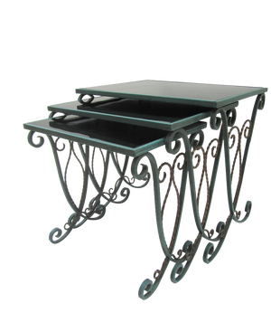 French Black Glass Nesting Tables in Wrought Iron, 1940s, Set of 3