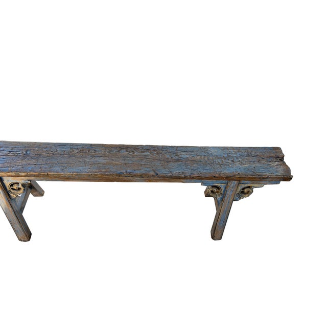Distressed Brown Light Blue Village Slim Narrow Scroll Apron Wood Bench For Sale In San Francisco - Image 6 of 7