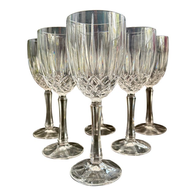 Vintage Gorham Regalta Cut Diamond, Faceted Stem Crystal Goblets, Set of 6 For Sale