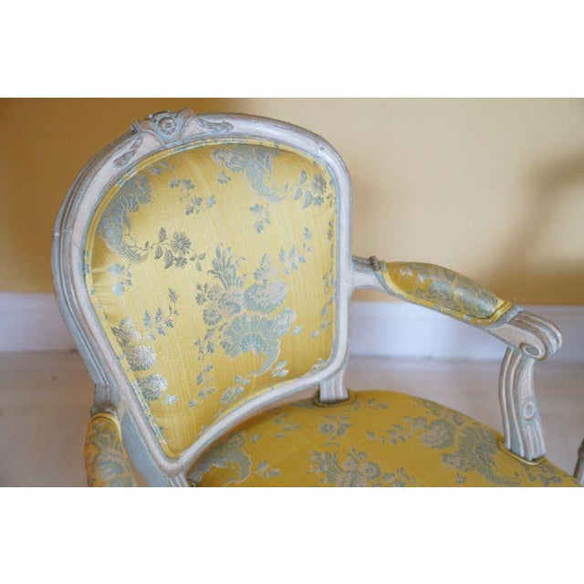 19th C. Louis XVI Style Silk Upholstered Painted Fauteuils - Set of 2 For Sale - Image 12 of 15