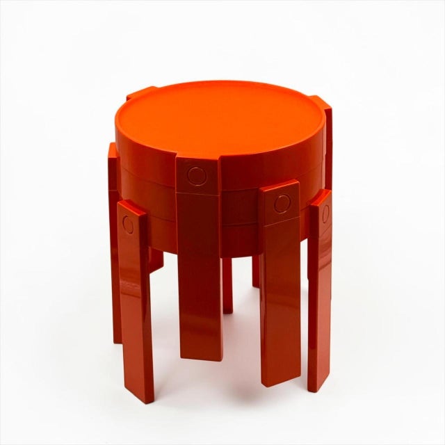 Complete set of three vintage nesting tables produced for Prisunic in Holland during the 1970s. Made from glossy orange...