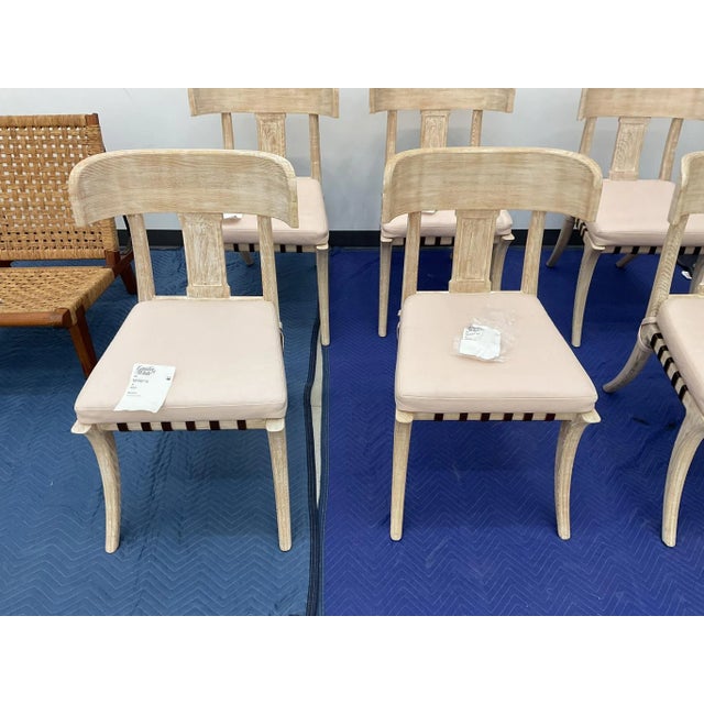 Mediterranean White-Washed Klismos Dining Chairs With Walnut Saber Legs, Dark Brown Woven Leather Seats and Custom Cushions - Priced Per Chair For Sale - Image 3 of 8