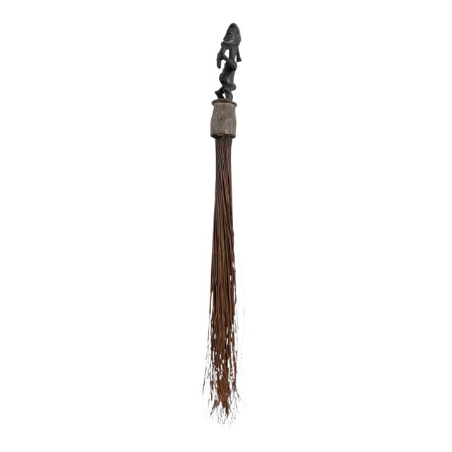 Vintage African Baule Wall Hanging Broom With Standing Figure 28" H For Sale