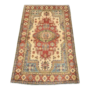 Kazak Rug 3’3” X 5’2” Beige Wool Tribal Hand-Knotted Oriental Carpet