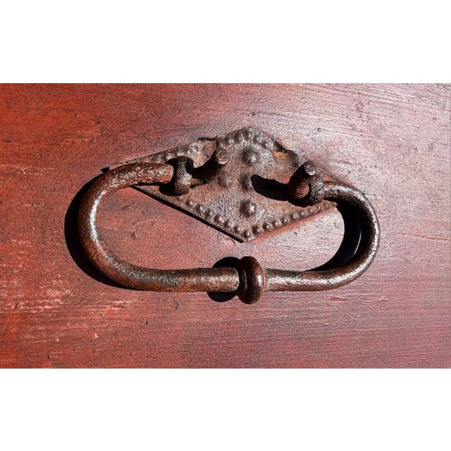Red Early 19th Century Original Painted Wood Trunk W/Hand Forged Iron Hardware For Sale - Image 8 of 14