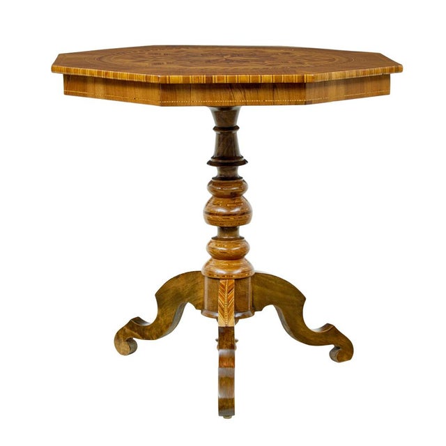 italian 19th century inlaid walnut sorrento table circa 1890. fine quality octagonal table beautiful inlaid with olive,...