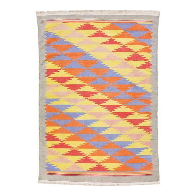 1980s Multicolor Vinatge Cotton Durrie Wool Rug With Geometric Motif For Sale