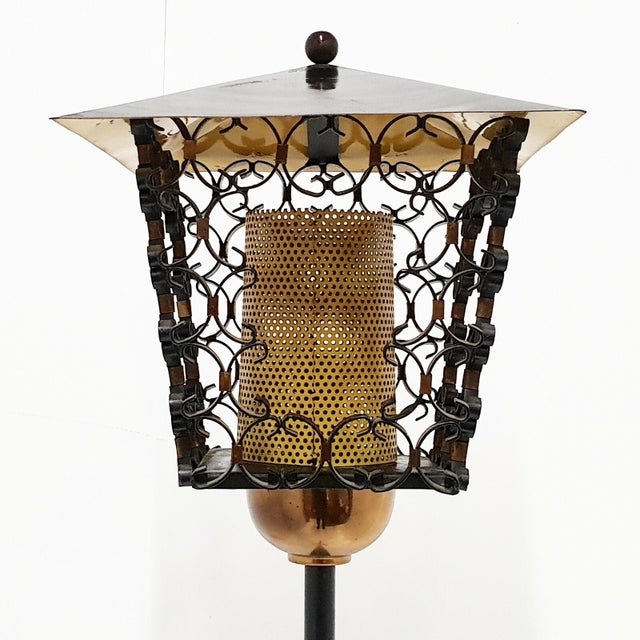 Vintage French Tripod Floor Lamp in Perforated Metal, Steel and Brass, 1950s For Sale - Image 4 of 7