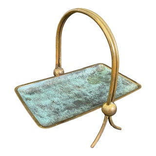 Vintage Pal-Bell Israel Bronze Verdigris Enamel Handled Candy Nut Serving Tray For Sale