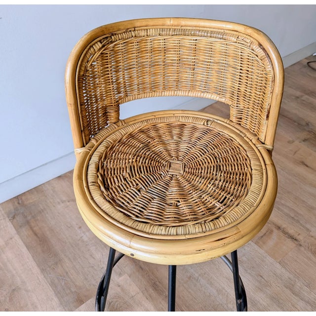 Brown 4 1960s Wicker/Bamboo/Wrought Iron Swivel Stools For Sale - Image 8 of 8