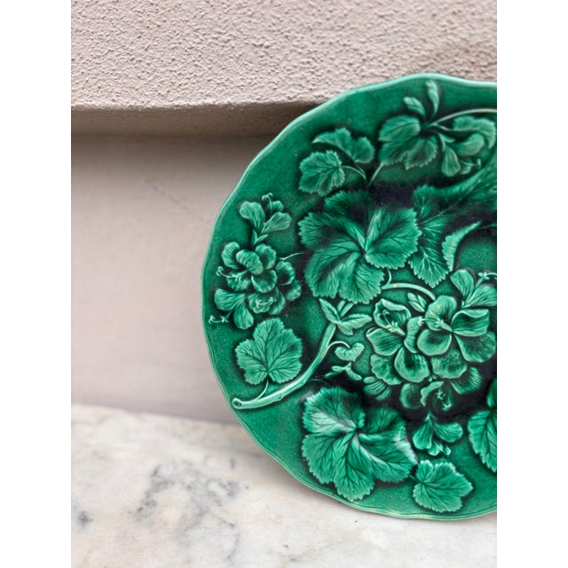 English Green Majolica Geranium Plate, circa 1880.
