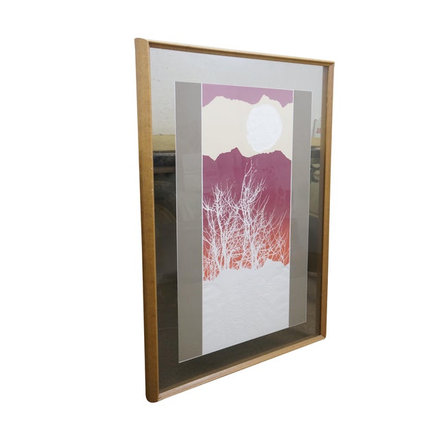Vintage Max Hayslette (b. 1929-2024) modern abstract winter sunset serigraph print featuring a snowy landscape with bare...