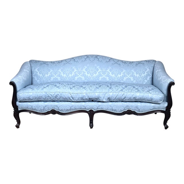 Vintage Louis XV Rococo Style Sofa in Newer Pale Blue Damask Upholstery For Sale