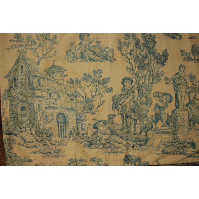 Vintage French Country Scenes Toile Blue Backed Fabric Curtain