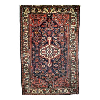 Vintage Persian Bakhtiari Area Rug, Handwoven Floral Pattern, Navy & Ivory, 5’ X 7’ For Sale