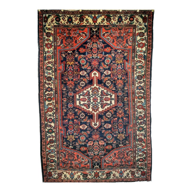 Vintage Persian Bakhtiari Area Rug, Handwoven Floral Pattern, Navy & Ivory, 5’ X 7’ For Sale