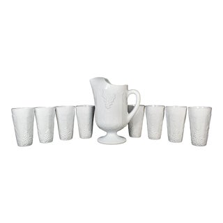 Mid-Century Indiana Heavy Milk Glass Paneled Colony Harvest Grape Vine Pitcher & Tumblers Set - 9 Pieces For Sale