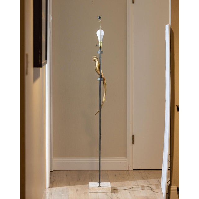Vintage Sculptural Postmodern Brass Bird Floor Lamp in Steel & Travertine For Sale - Image 4 of 14