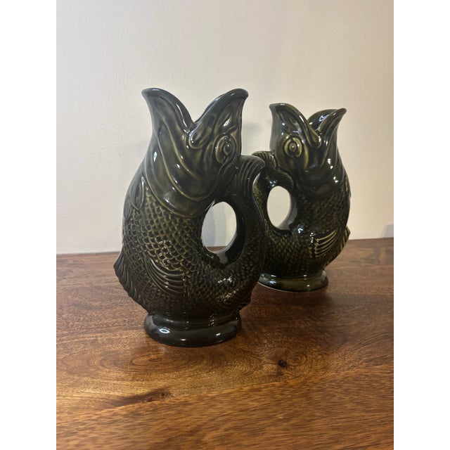 Coastal Vintage Dartmouth Pottery Gluggle Jugs, Vases - Pair - 1950s England For Sale - Image 3 of 10