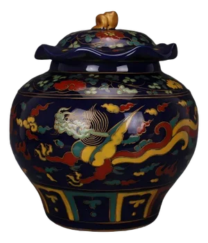 Chinese Vintage Ceramic Pot,Ming Dynasty Xuande Marked Blue Ground Famille Verte Porcelain Lid Jar Hand Painted Cloud and Dragon Pattern