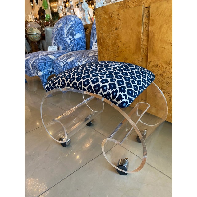 Plastic Vintage Lucite Scroll Ming Vanity Bench Stool Newly Upholstered For Sale - Image 7 of 13