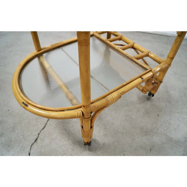 1960’s Mid-Century Modern Rattan & Glass Bar Cart For Sale - Image 11 of 12