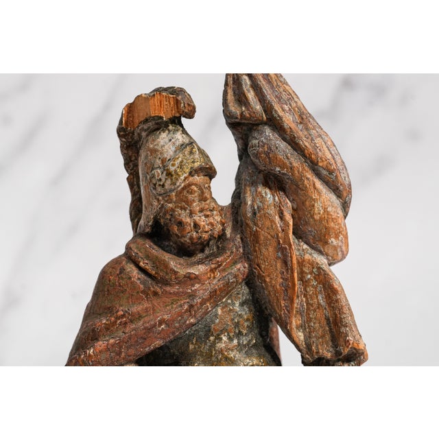 Wonderful Continental Polychrome Antique 18th Century Carved Wood Statue Sculpture Warrior Man Old World European Decor For Sale - Image 4 of 16