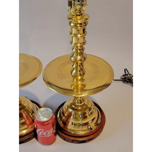 Early 20th Century Vintage Asian Brass Altar Candlestick Table Lamps - a Pair For Sale - Image 5 of 7