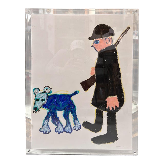 Original Makan Negahban Dog Painting on Paper in Lucite Frame For Sale