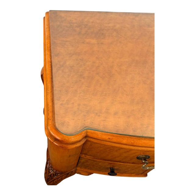 Vintage 1930s Queen Anne Style Burl Wood Writing Desk With Beveled Glass Top For Sale - Image 9 of 17