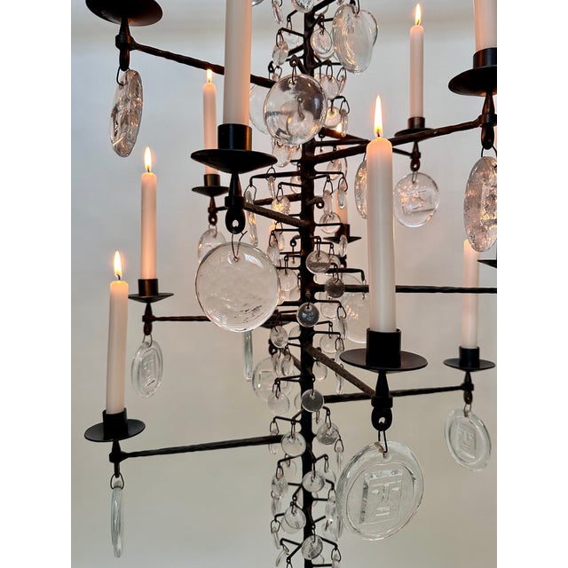 Black Large Vintage Candle Chandelier in Mouth-Blown Glass and Wrought Iron by Erik Höglund for Boda Smide, 1960s For Sale - Image 8 of 18