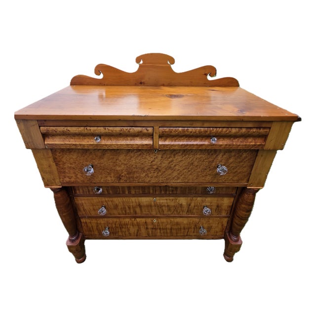 Antique American Empire Two-Over-Four Tiger Maple Dresser With Glass Knobs For Sale