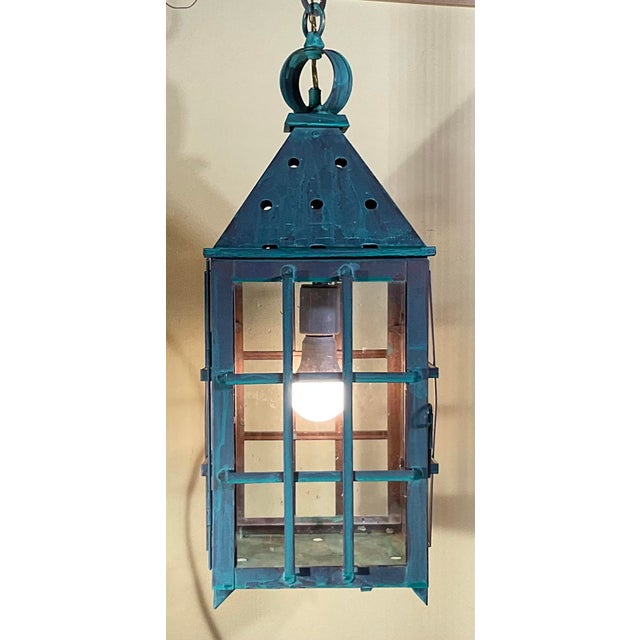Turquoise Vintage Solid Copper Hanging Lantern – Patina /Colonial/Rustic/Industrial For Sale - Image 8 of 16