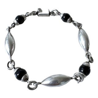 Vintage Sterling Silver and Onyx Link Bracelet, Taxco Mexico For Sale