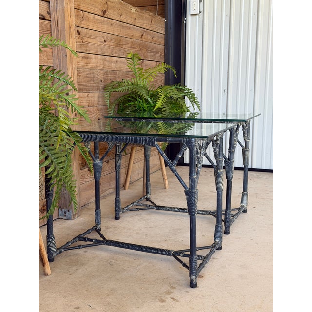Ornamental & Decorative Materials Pair Vintage Coastal Faux Bamboo Aluminum Side Tables With Glass Tops For Sale - Image 7 of 12
