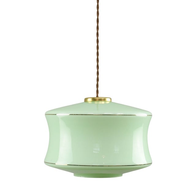 Mid-Century Modern Italian Brass and Green Glass Pendant Lamp For Sale