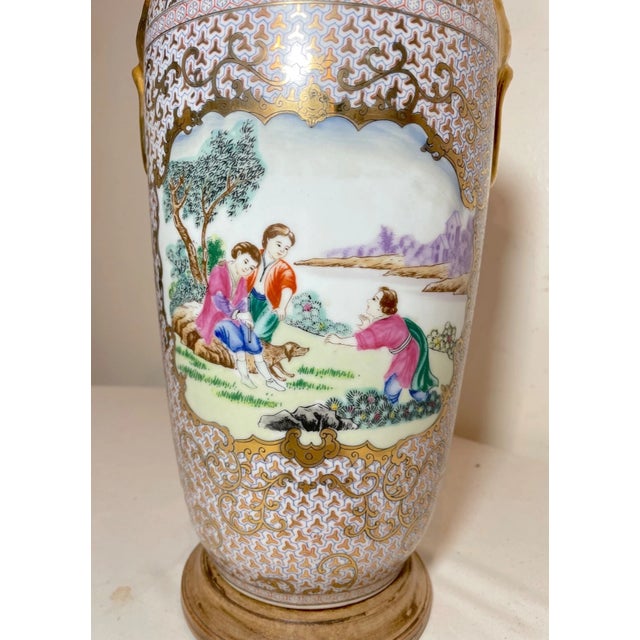 Antique Hand Painted Ornate Figural Porcelain Chinese Brass Electric Vase Lamp For Sale - Image 10 of 14