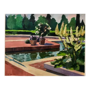 Debra Yoo, Botanic Garden II, Modernist Oil Painting Pool With Flowers and Garden, 1987