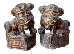 Antique Chinese Gilt Painted Stone Temple Foo Dogs - a Pair