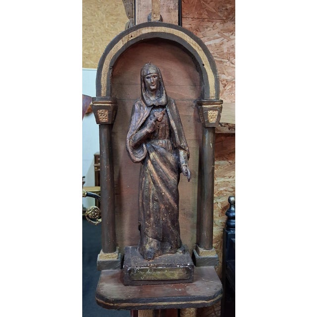 Wooden Devotional Statue Representing the Virgin with the Sorrowful and Immaculate Heart, 1800s For Sale - Image 9 of 9