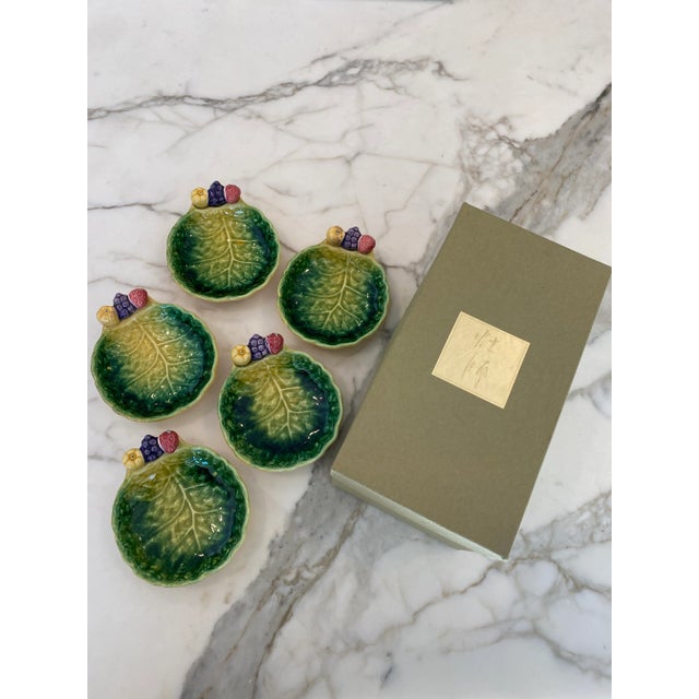 Handpainted Set of 5 cabbageware Majolica style ceramic bowls/plates, made in Japan. Rich coloration and glazing....