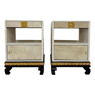 Italian Art Deco Parchment, Gold Leaf and Black Lacquer Nightstands, 1940s, Set of 2 For Sale
