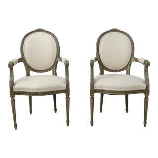 Pair French Louis XVI Green Painted Fauteuils Armchairs For Sale