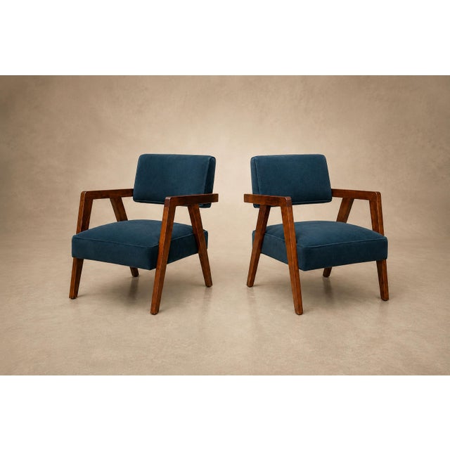 1960s Brazilian Modern Armchairs in Imbuia Wood and Deep Petrol-Blue Mohair, Brazil, 1950s For Sale - Image 5 of 18
