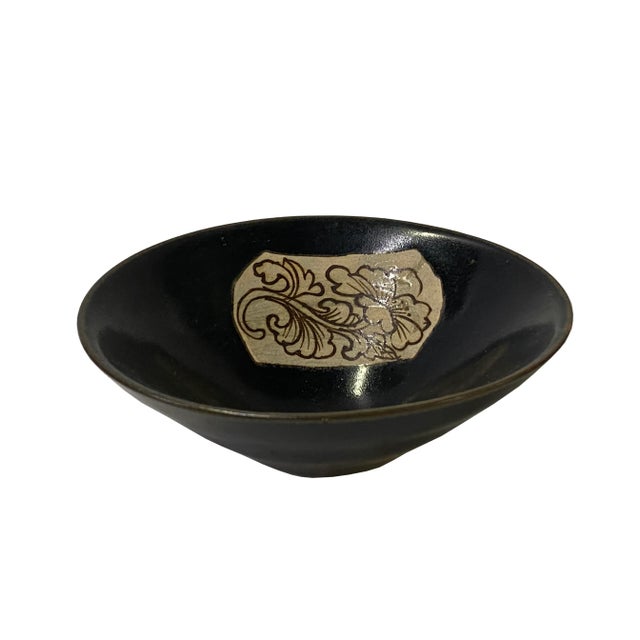 Chinese Ware Brown Black Glaze Flower Pattern Ceramic Bowl Cup Display For Sale In San Francisco - Image 6 of 7