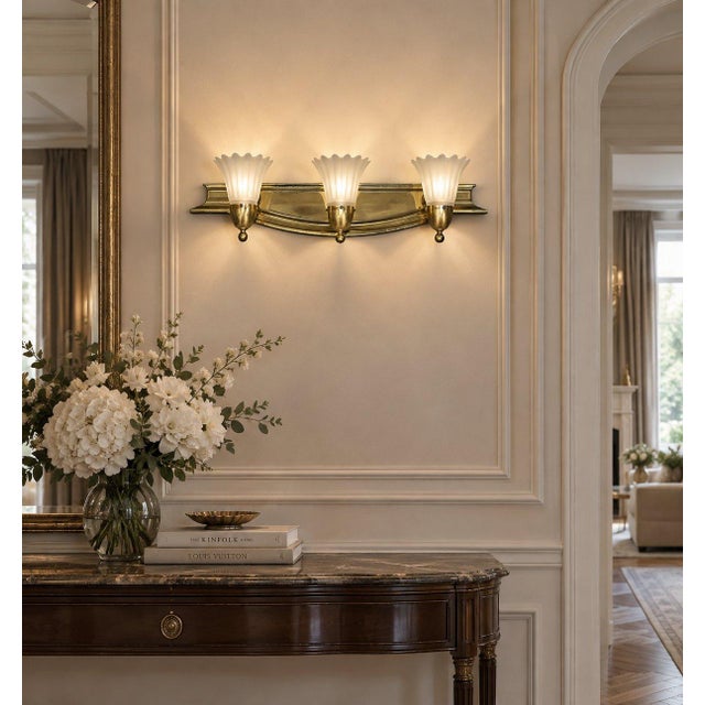 Vintage Hollywood Regency Style Fixture Frosted Tulip Shades 3 Light Wall Sconce Vanity For Sale In Pittsburgh - Image 6 of 6