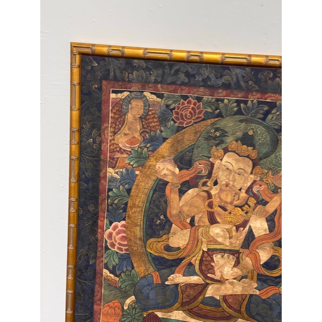 Navy Blue Tibetan Buddhist Yab-Yum Thangka Painting, Framed For Sale - Image 8 of 12