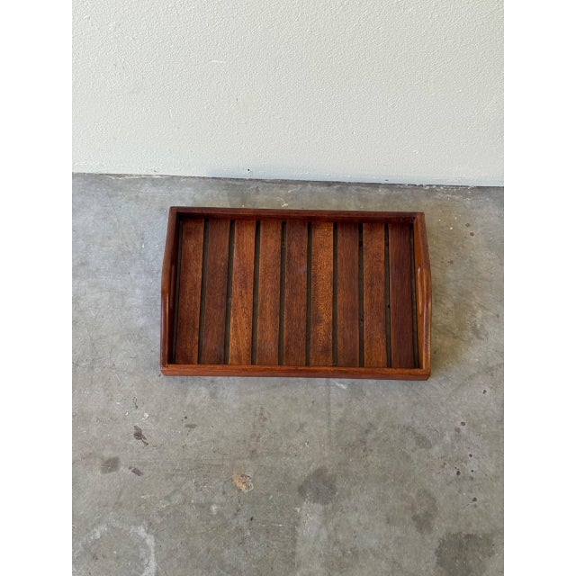 Vintage Danish Teak Serving Tray – Mid-Century Modern Slatted Wood Tray With Cutout Handles 1960s For Sale In Los Angeles - Image 6 of 9